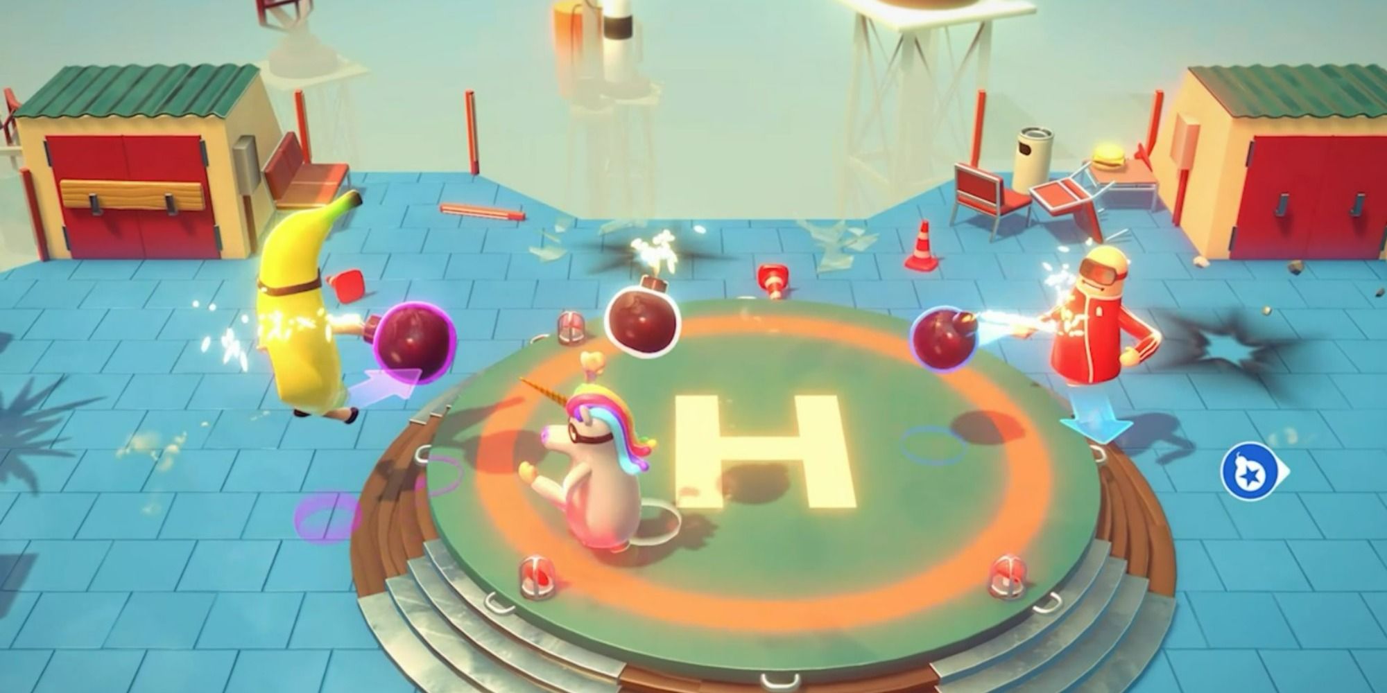 wacky characters brawling in sky level in rubber bandits