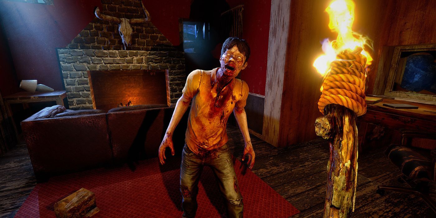 A player faces down a zombie with a torch in 7 days to die