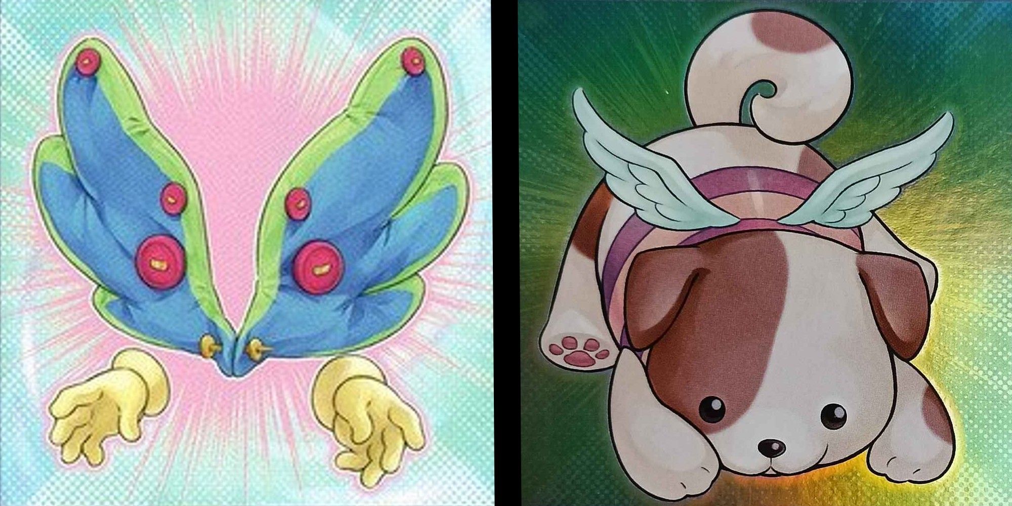 Yu-Gi-Oh! split image Fluffal Wings and Fluffal Dog card art side by side