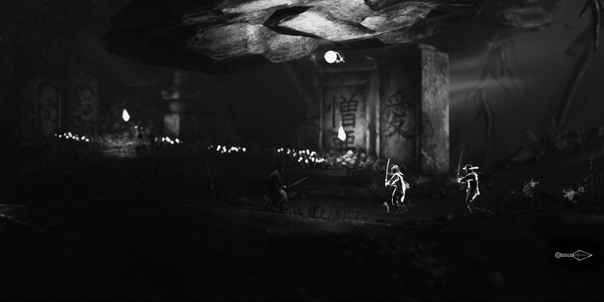 Trek To Yomi, Hiroki holding sword while facing enemies.