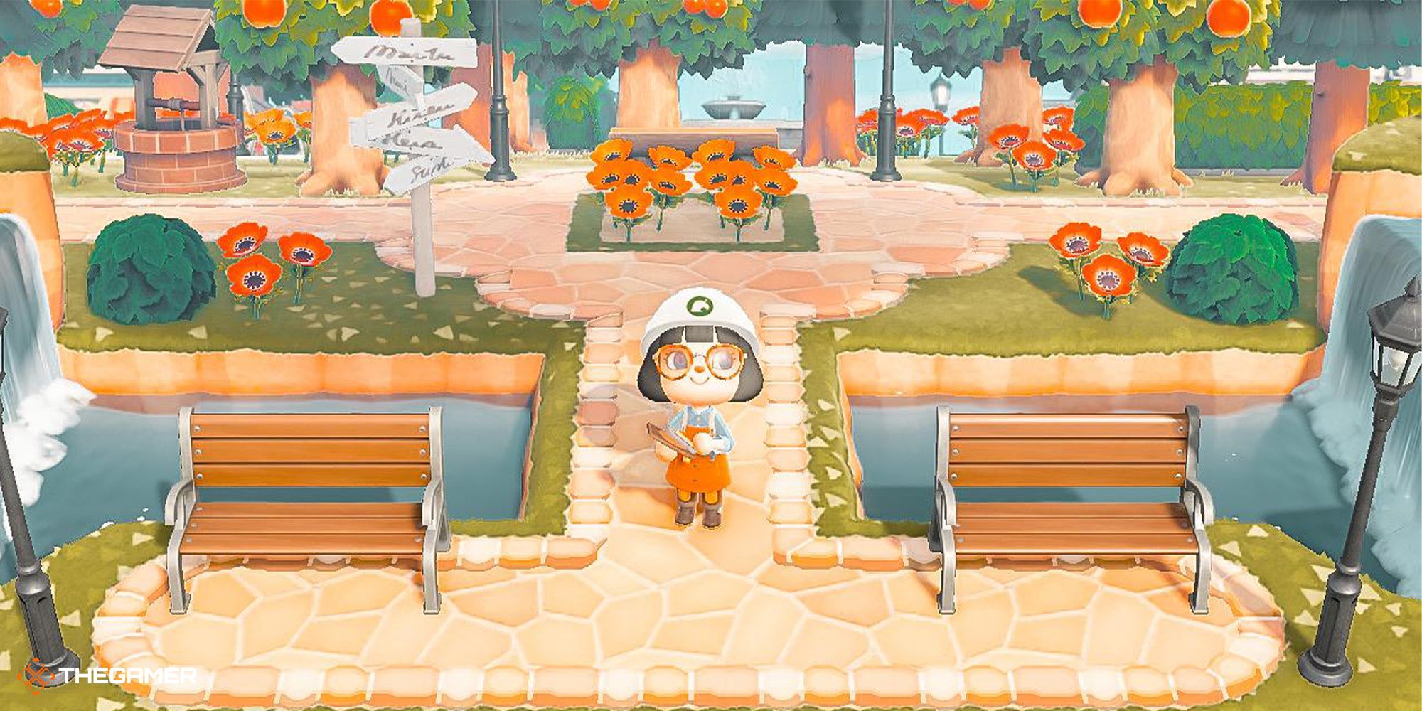 A warm-toned ACNH island entrance idea with a player posing on a land bridge in Animal Crossing: New Horizons.