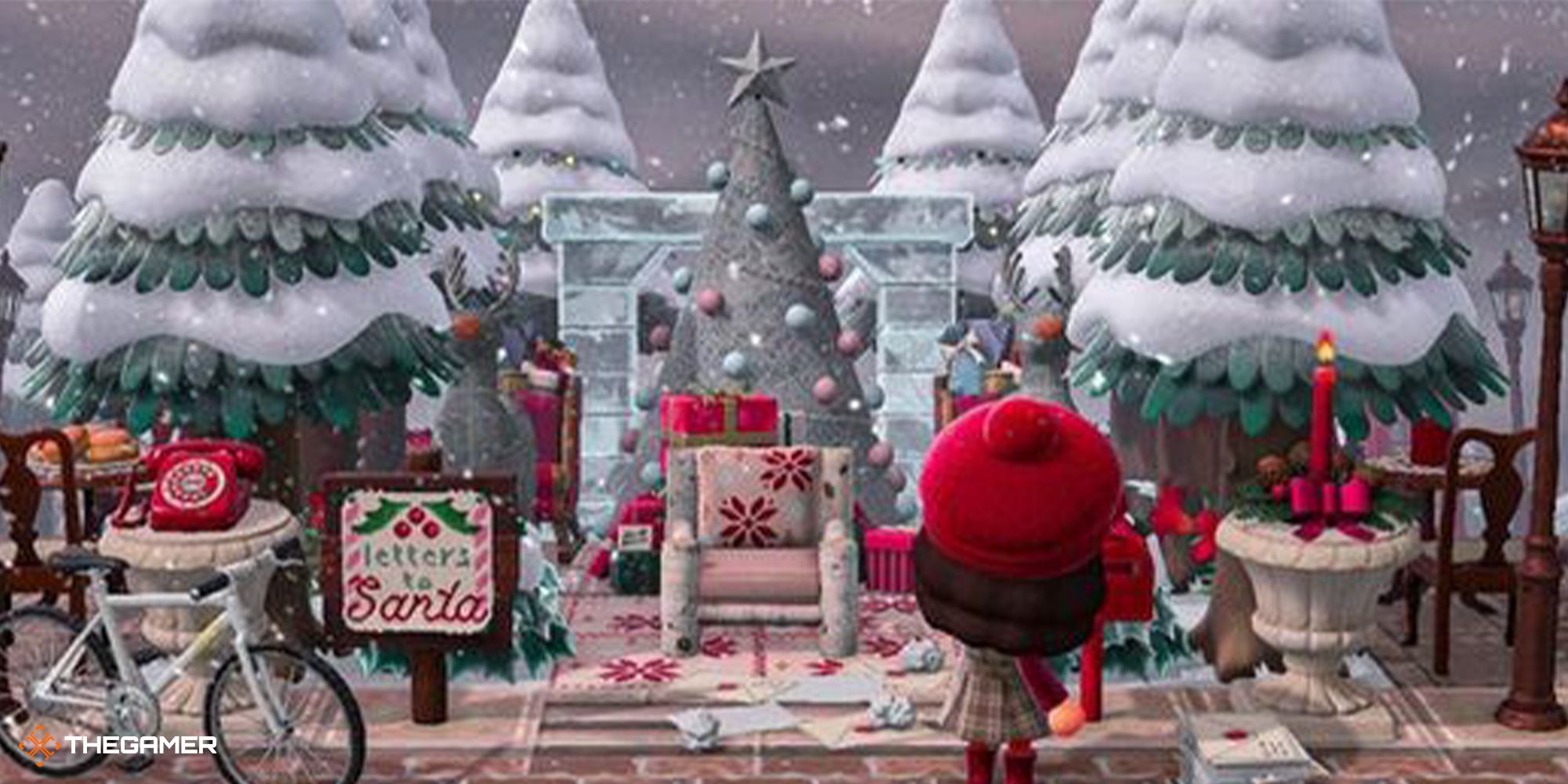 A Christmas-themed Animal Crossing: New Horizons island entrance.