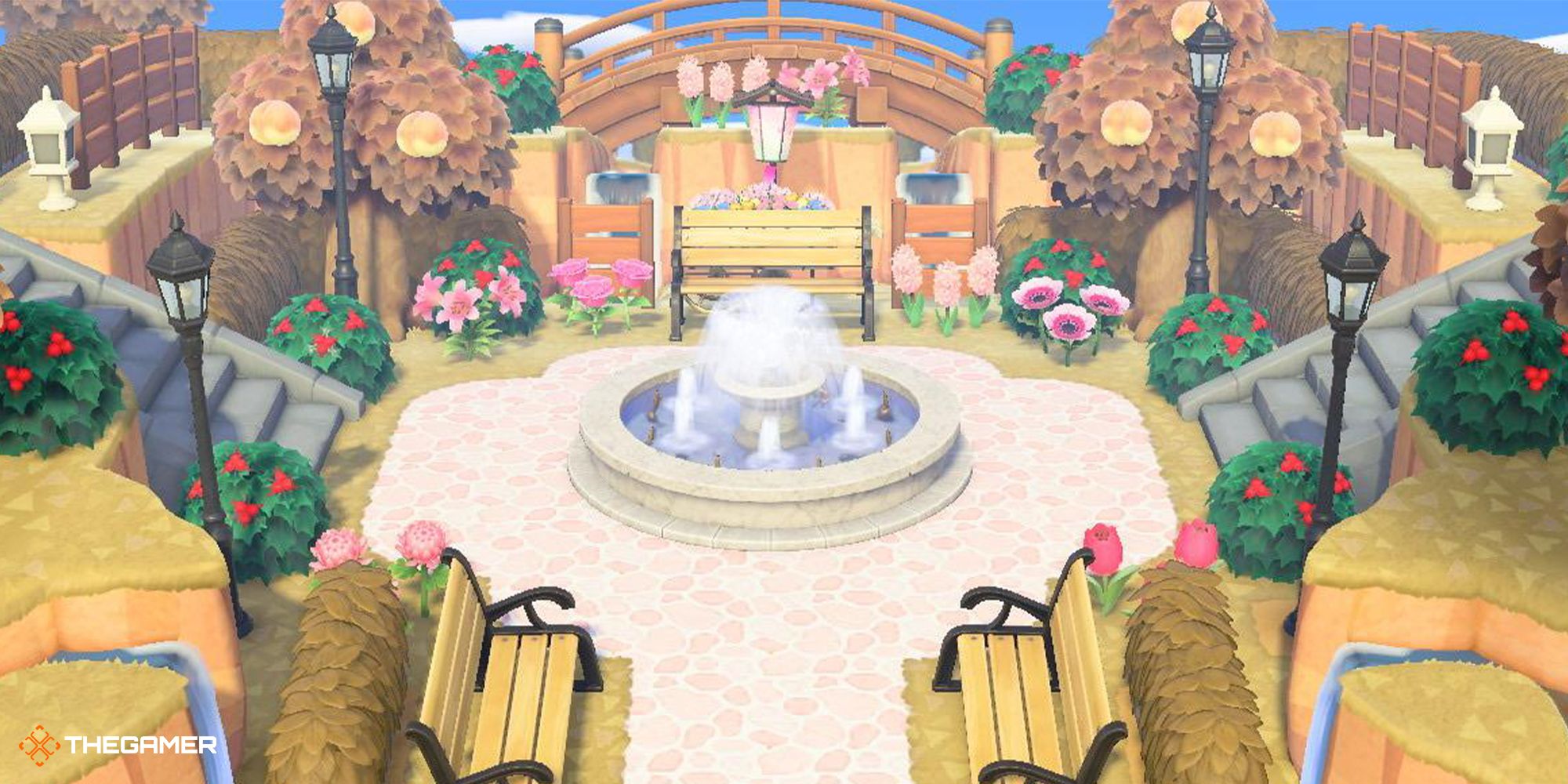 Using a fountain and benches to make a path through an Animal Crossing: New Horizons entrance.
