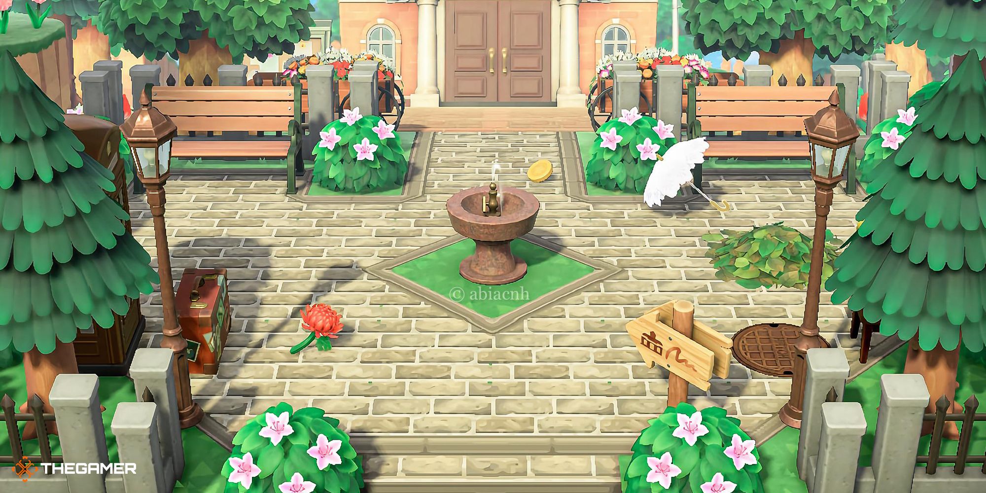 An Animal Crossing: New Horizons island entrance leading right to Resident Services with a decorative fountain between them.