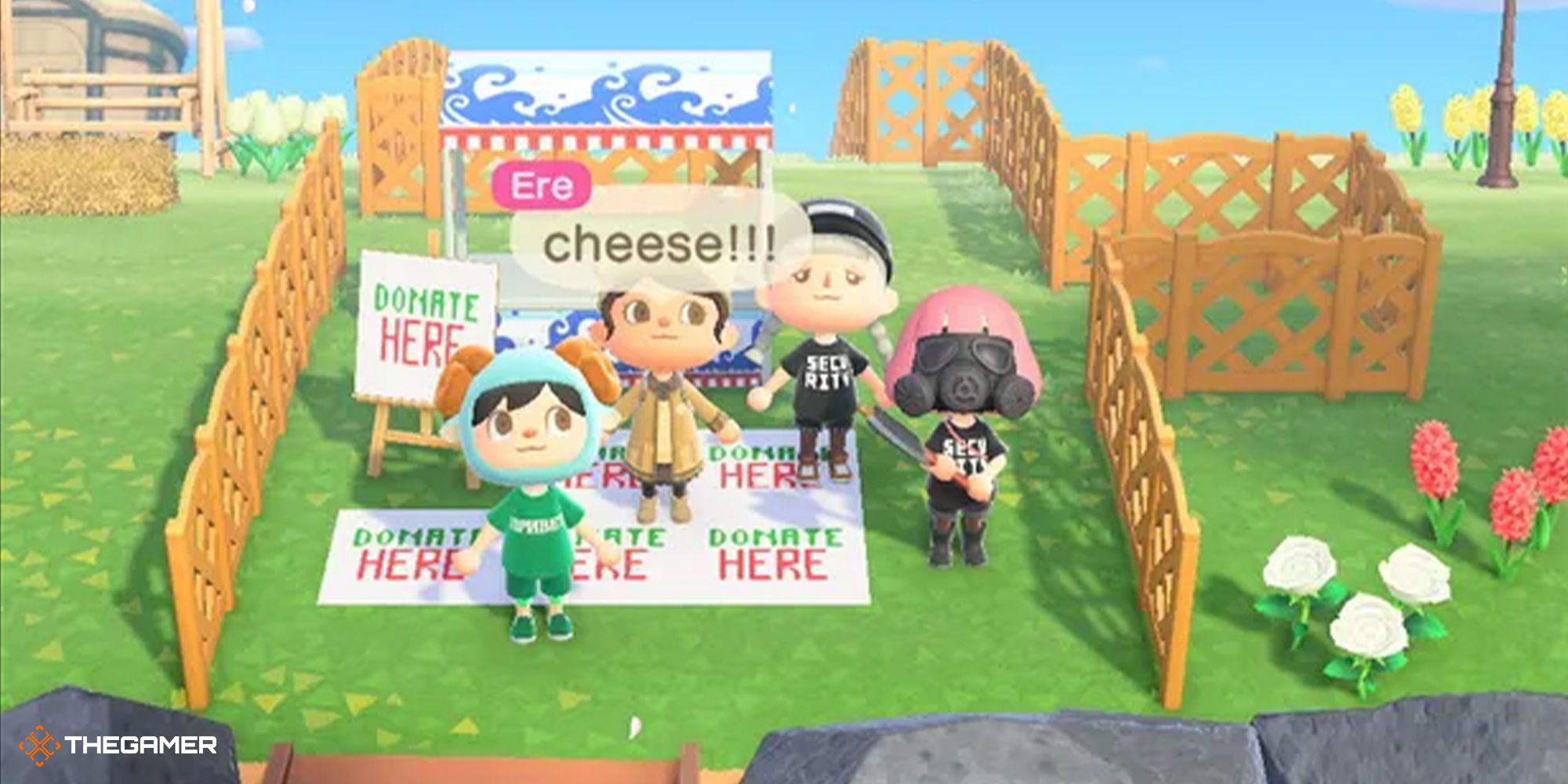 Players posing with a host at the entrance of an Animal Crossing: New Horizons island.