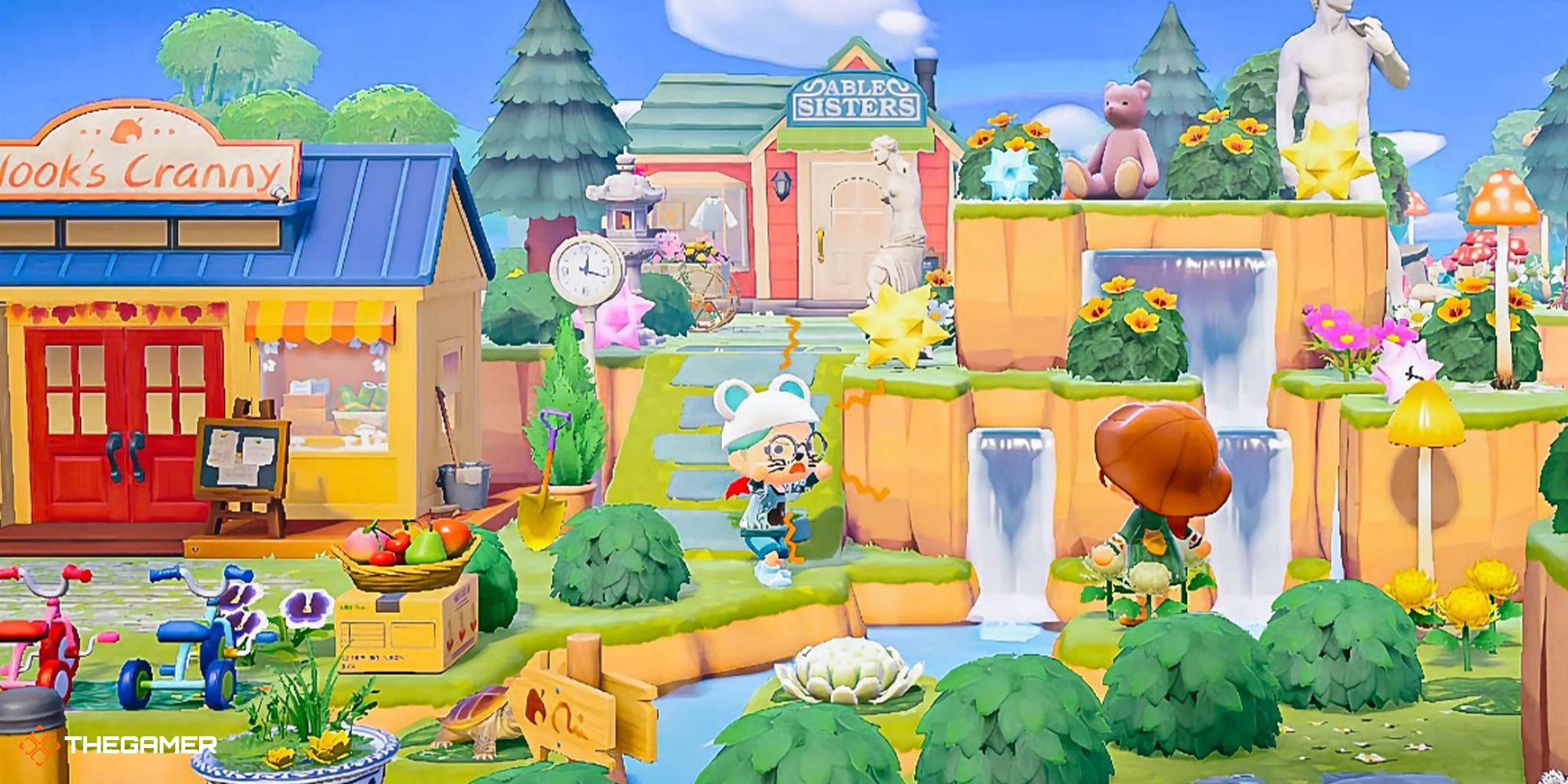 A villager posing near several shops at their ACNH entrance in Animal Crossing: New Horizons.