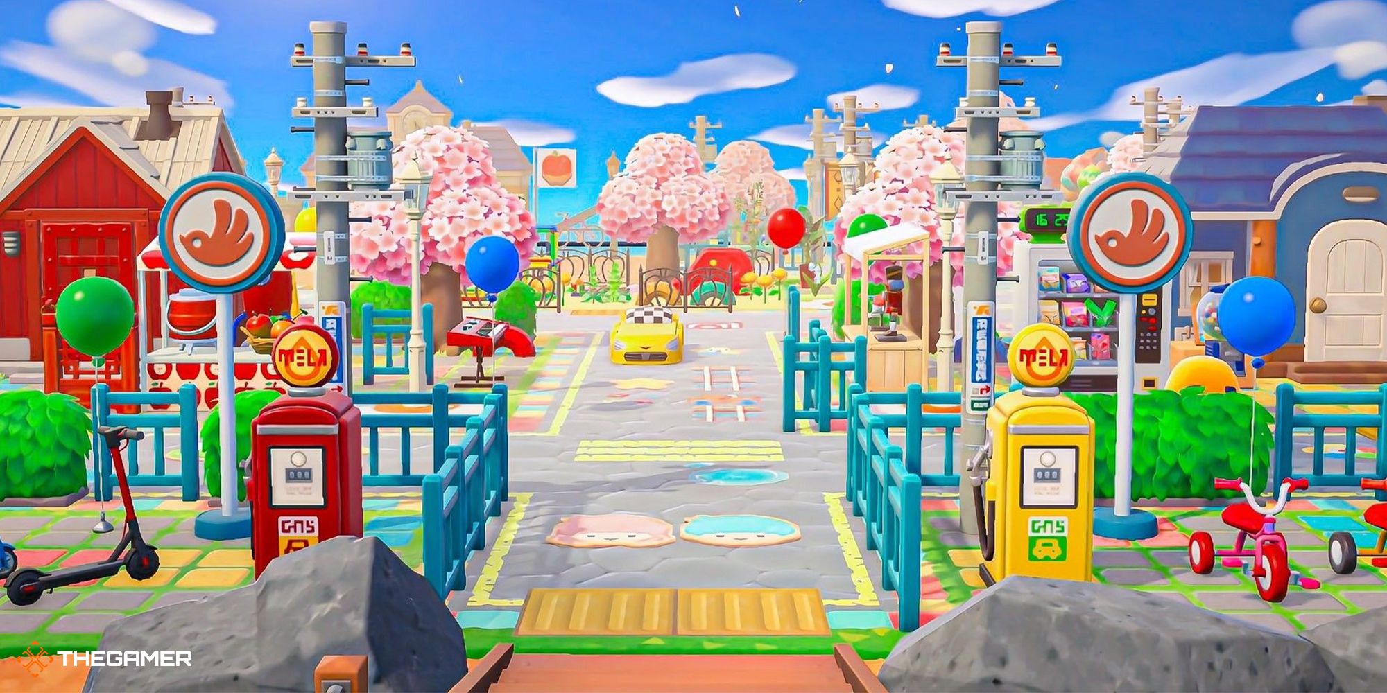 A colorful ACNH entrance idea leading to several Animal Crossing: New Horizons stores.