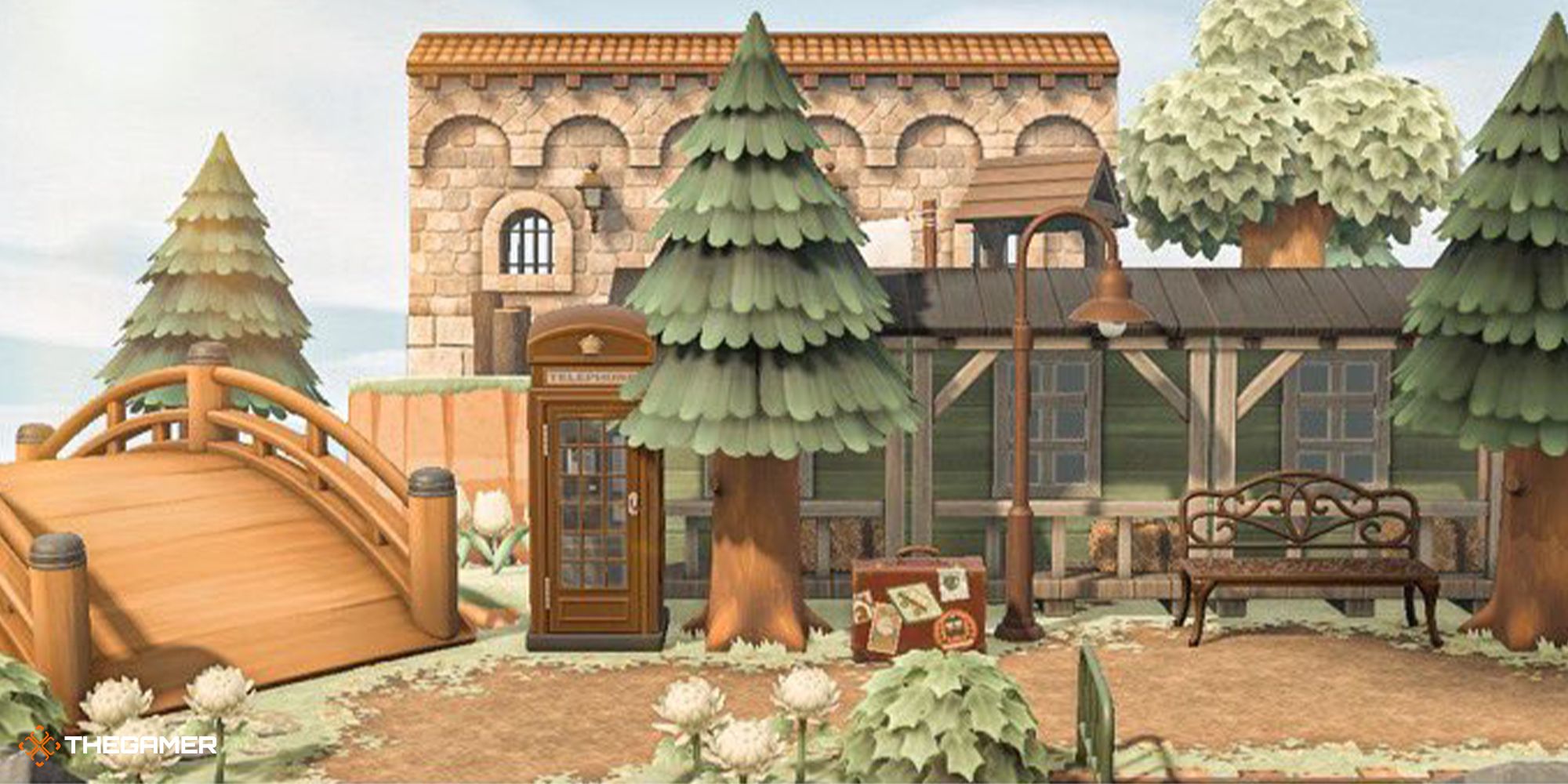 Using castle walls to make a tall train station with a phone booth and bridge at an Animal Crossing: New Horizons entrance.