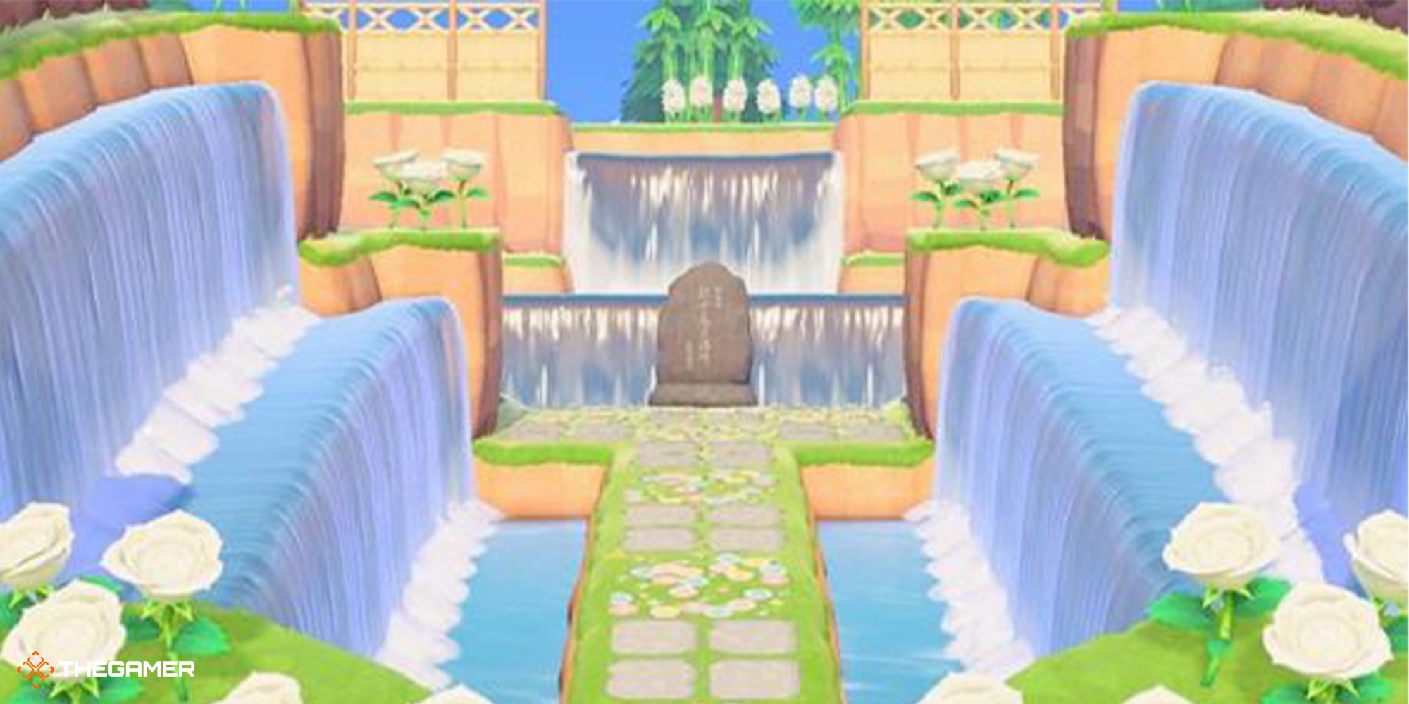 A tombstone amid a path through waterfalls in Animal Crossing: New Horizons.