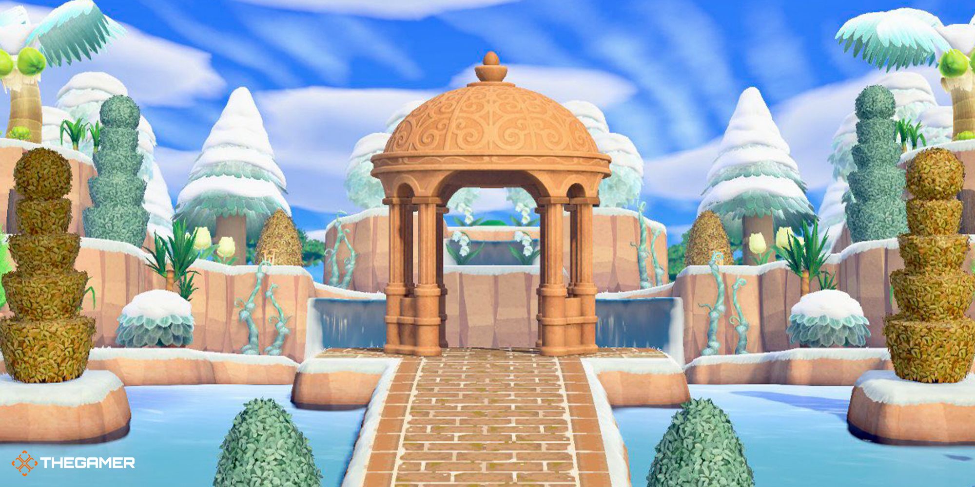 A gazebo at the base of waterfalls near an island entrance in Animal Crossing: New Horizons.