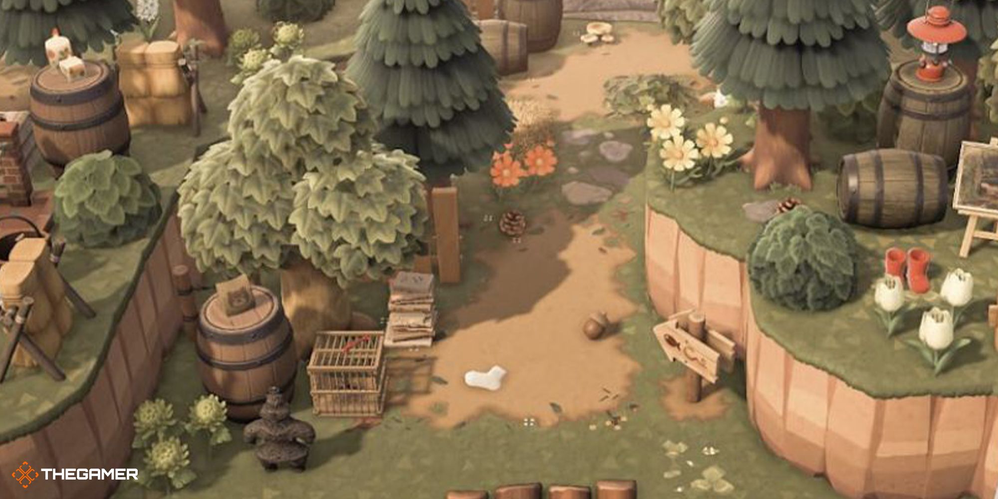 A woodland ACNH island entrance with cages and crates in Animal Crossing: New Horizons.