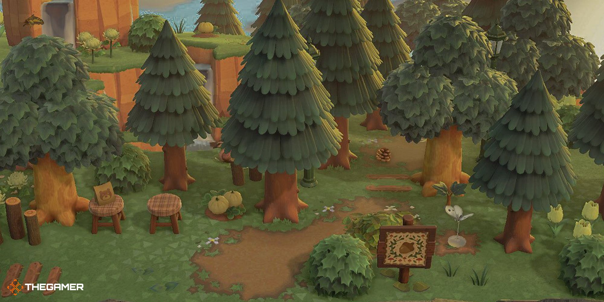 A heavily wooded ACNH entrance idea for Animal Crossing: New Horizons.