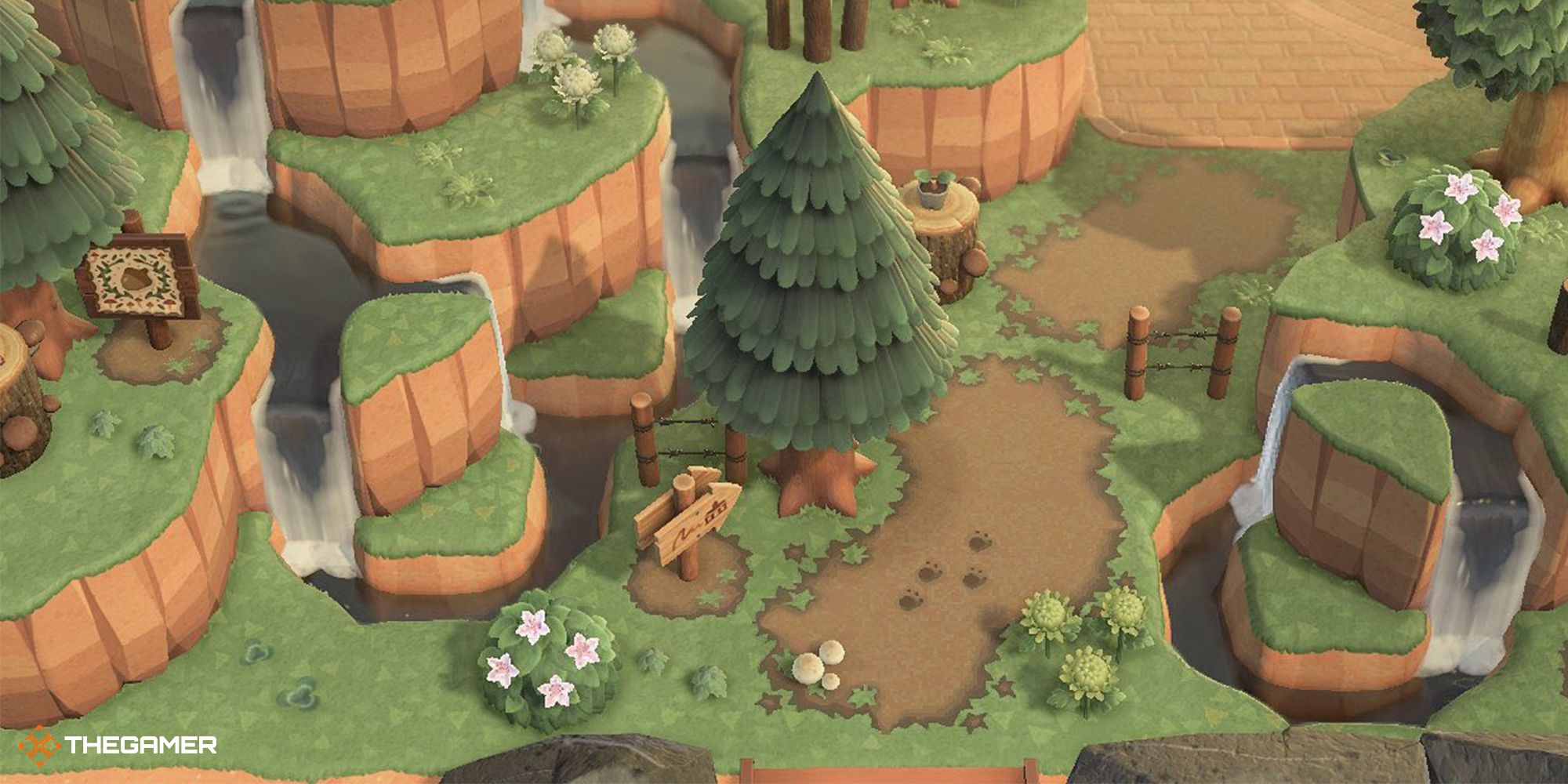 A wooded entrance with cliffs and trees in Animal Crossing: New Horizons.