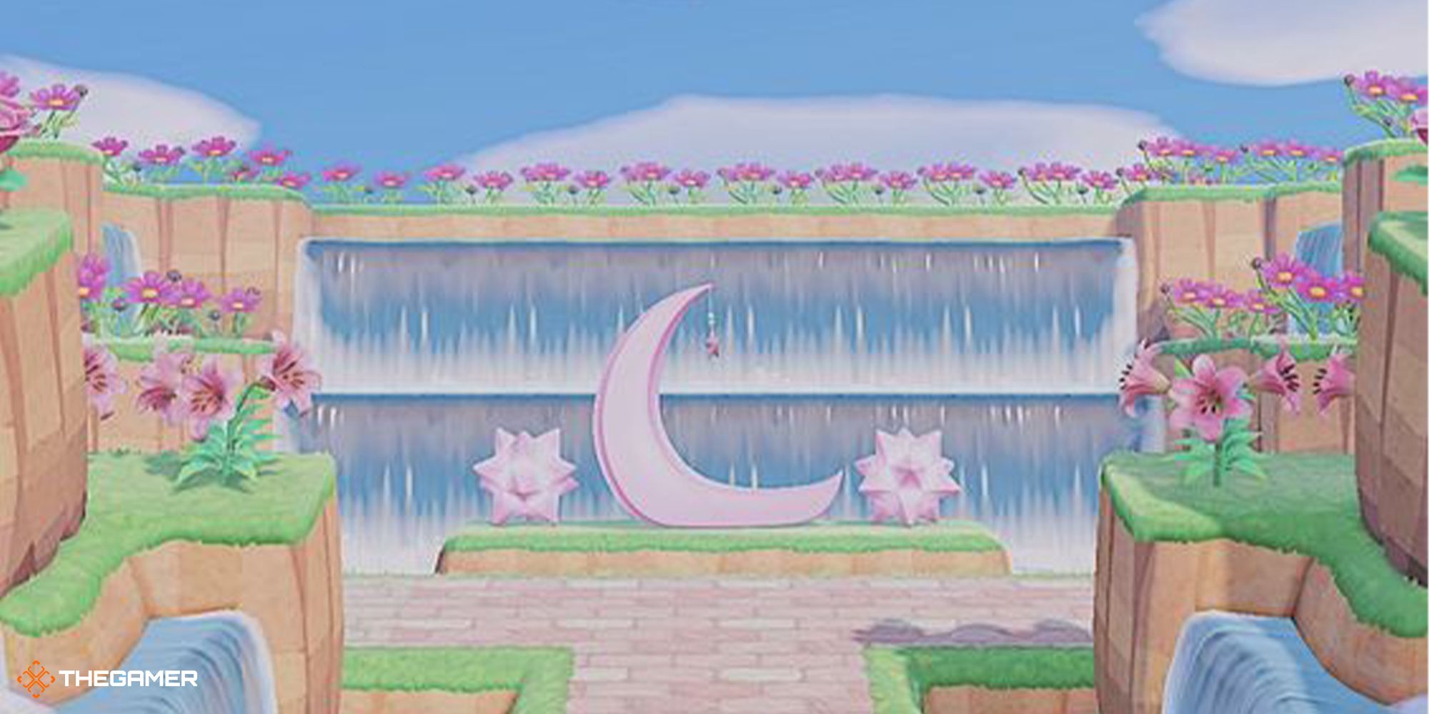 An island entrance with waterfalls and pink flowers with pink lunar decor in Animal Crossing: New Horizons.