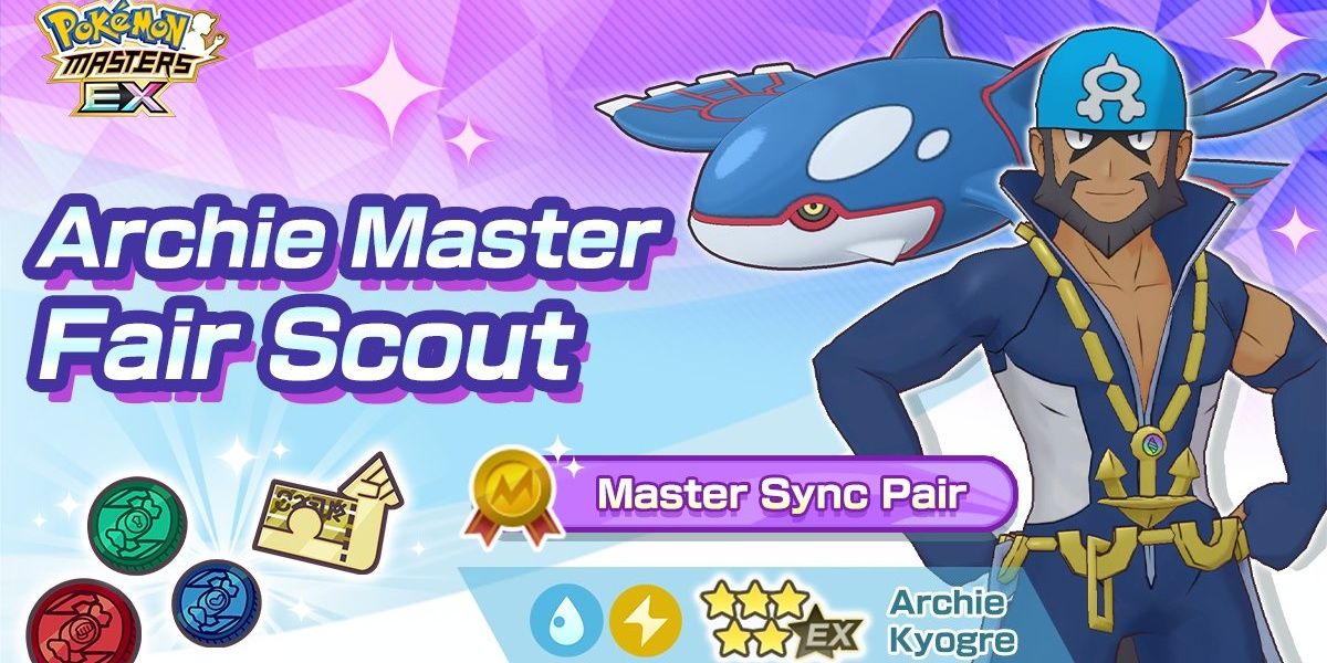 Archie & Kyogre from Pokemon Masters EX pose on their debut banner.