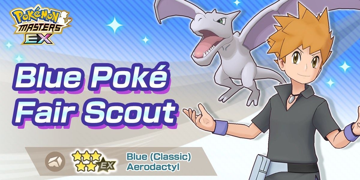 Blue & Aerodactyl from Pokemon Masters EX pose side by side on their debut banner.