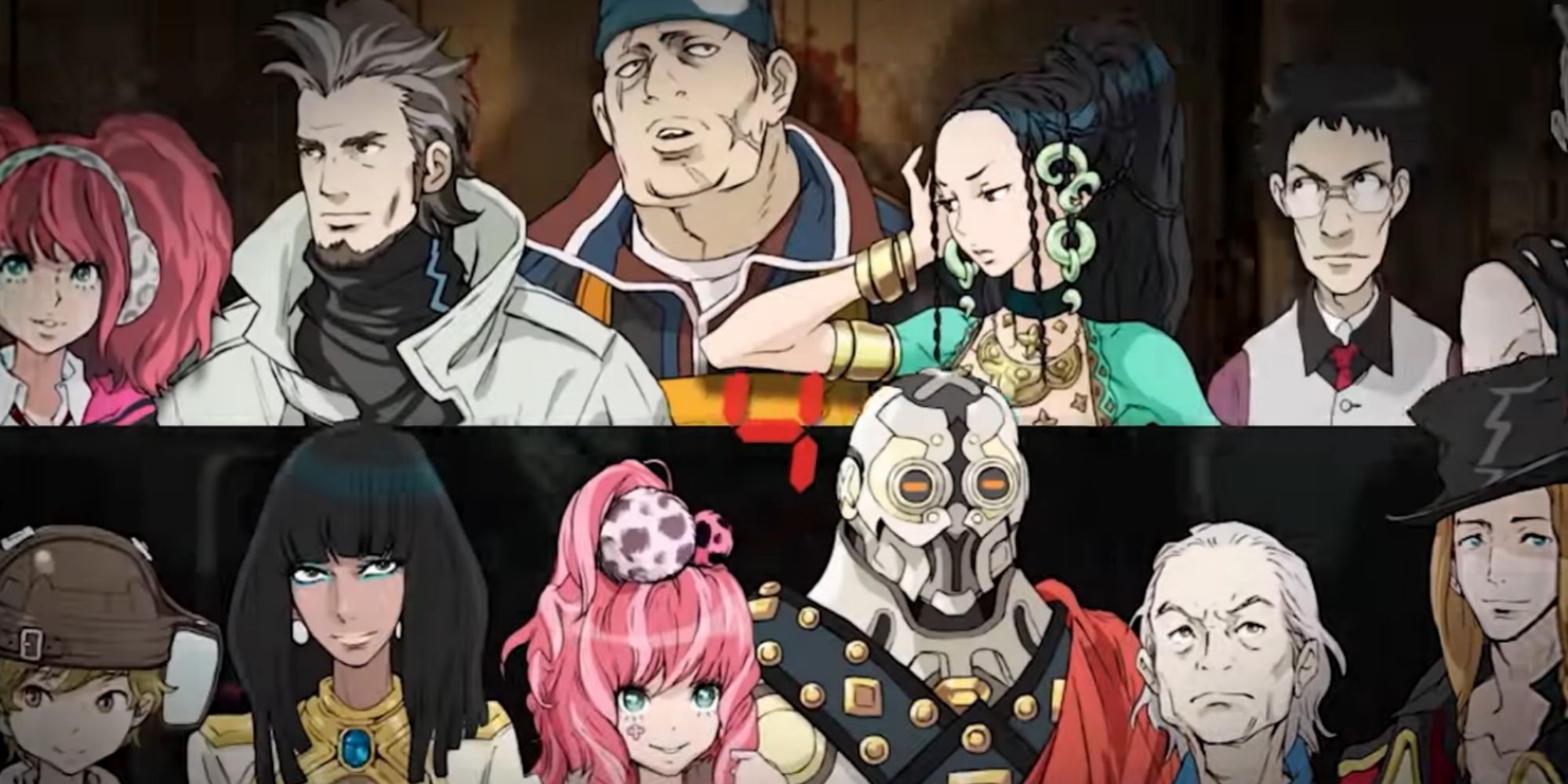 Clover, Ace, Seven, Lotus, 9th Man from 999 and Quark, Alice, Clover, K, Tenmyouji, Dio from Virtue's Last Reward