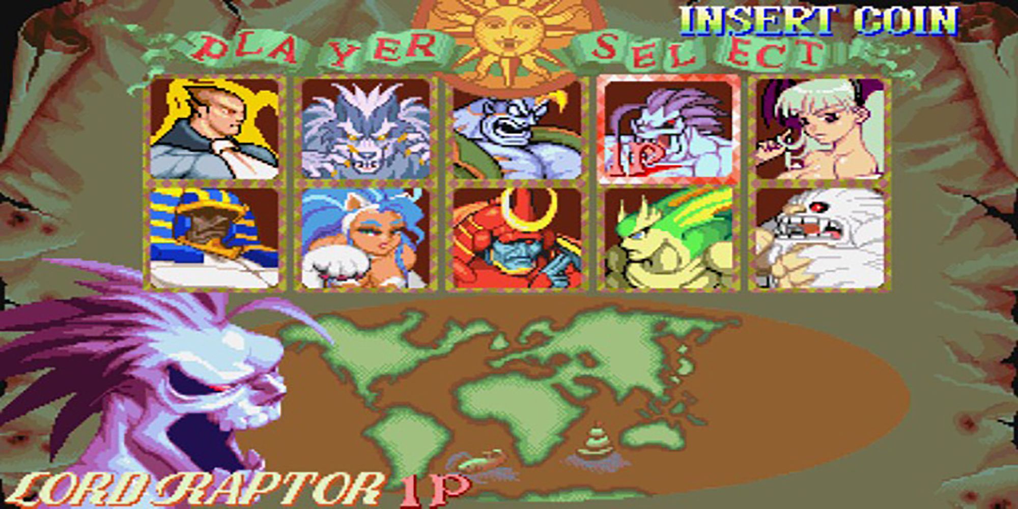 The Player 1 icon highlights Lord Raptor on the Darkstalkers 1 Character Select Screen.