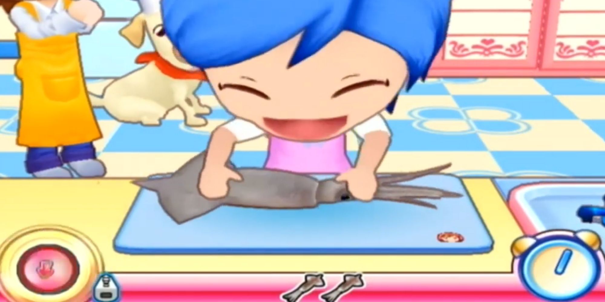 Cooking Mama Apprentice Cooks Squid In Kitchen As Cooking Mama Stands Behind Her