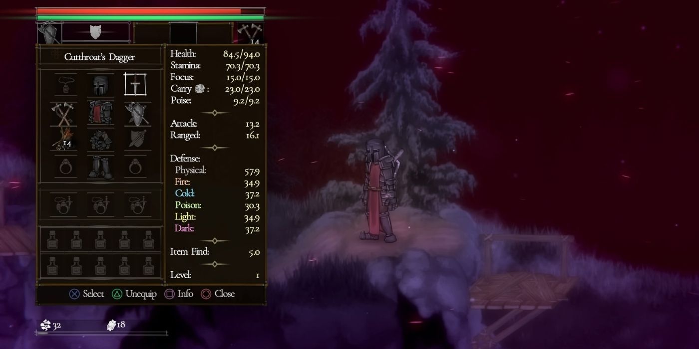 A player in Salt and Sacrifice equipped with Cutthroat's Dagger