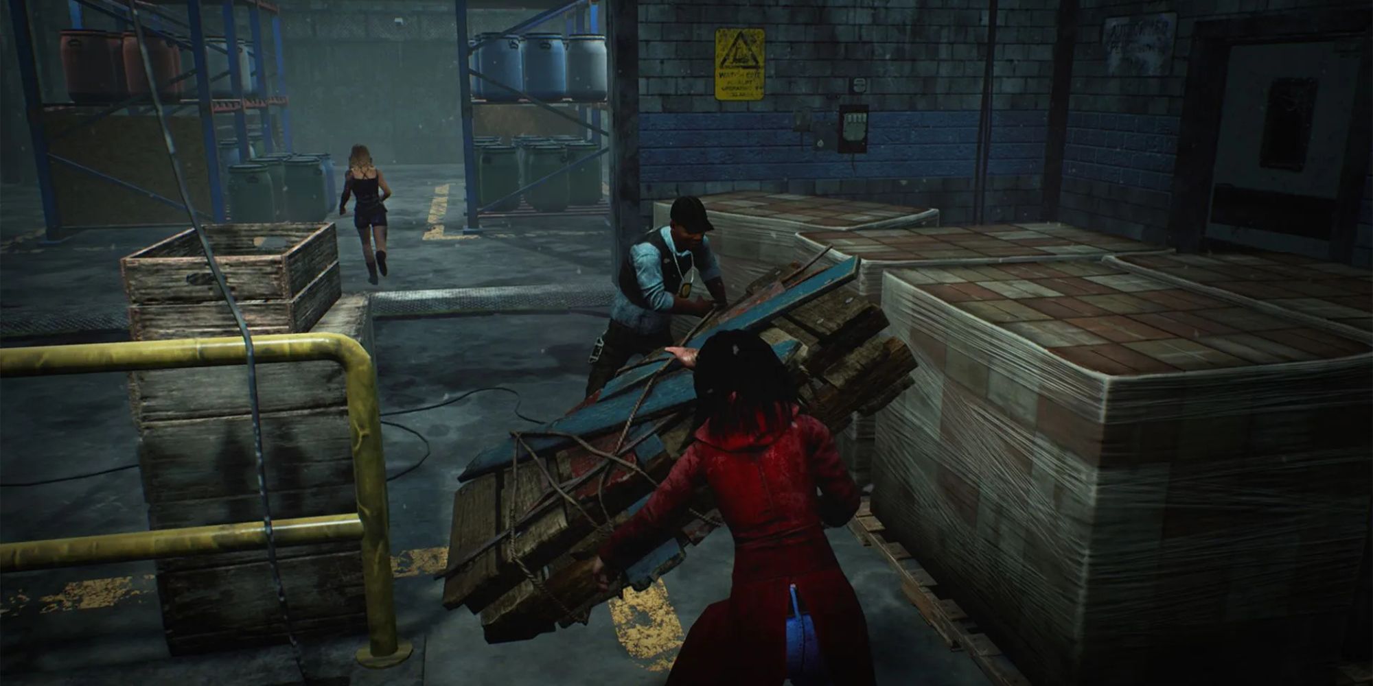 Three survivors in a warehouse in Dead by Daylight
