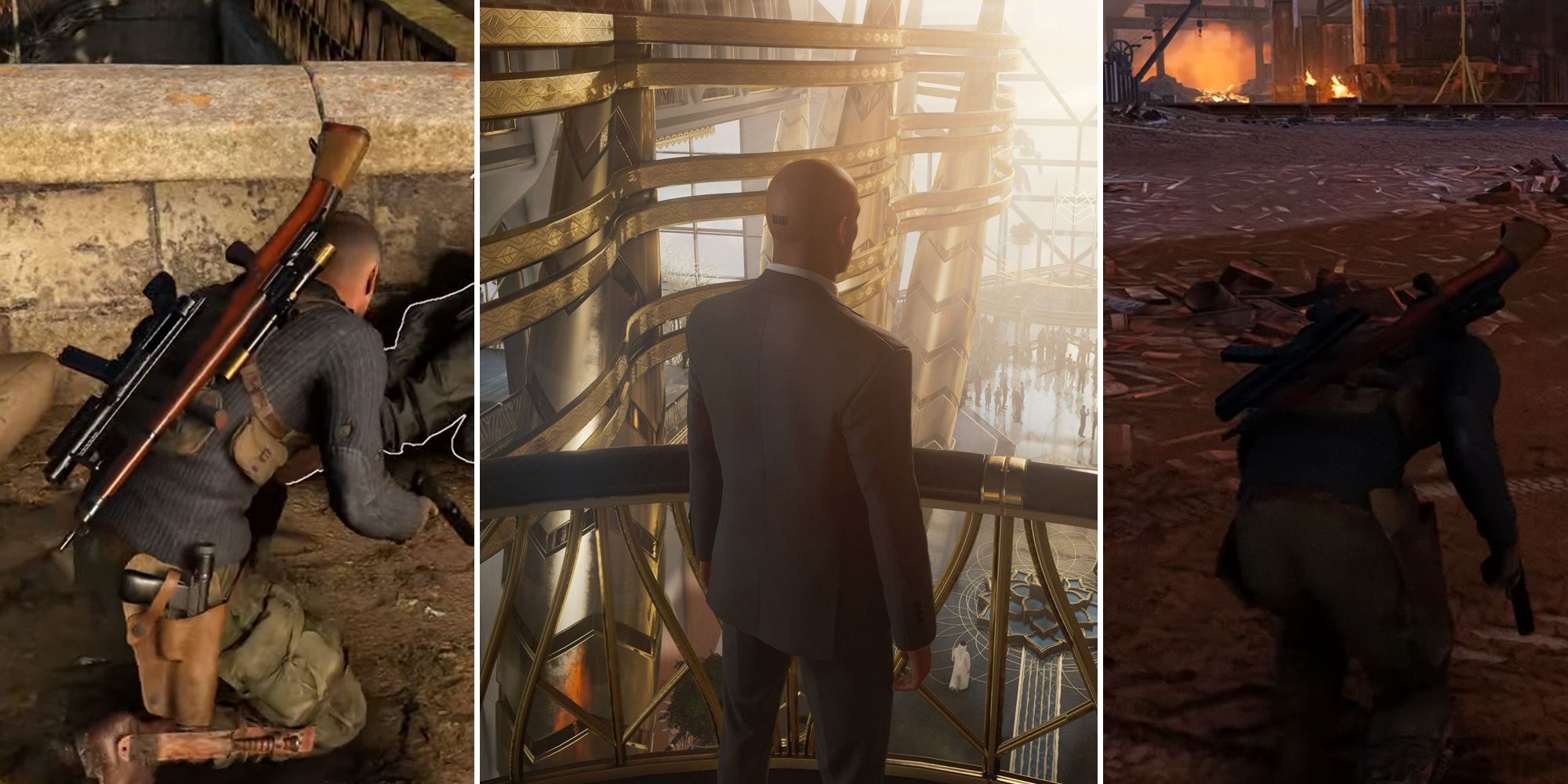 Sniper Elite 5 split image, three ways. Karl crouching and avoiding enemy sightlines. Agent 47 with his back to camera in Hitman 3.