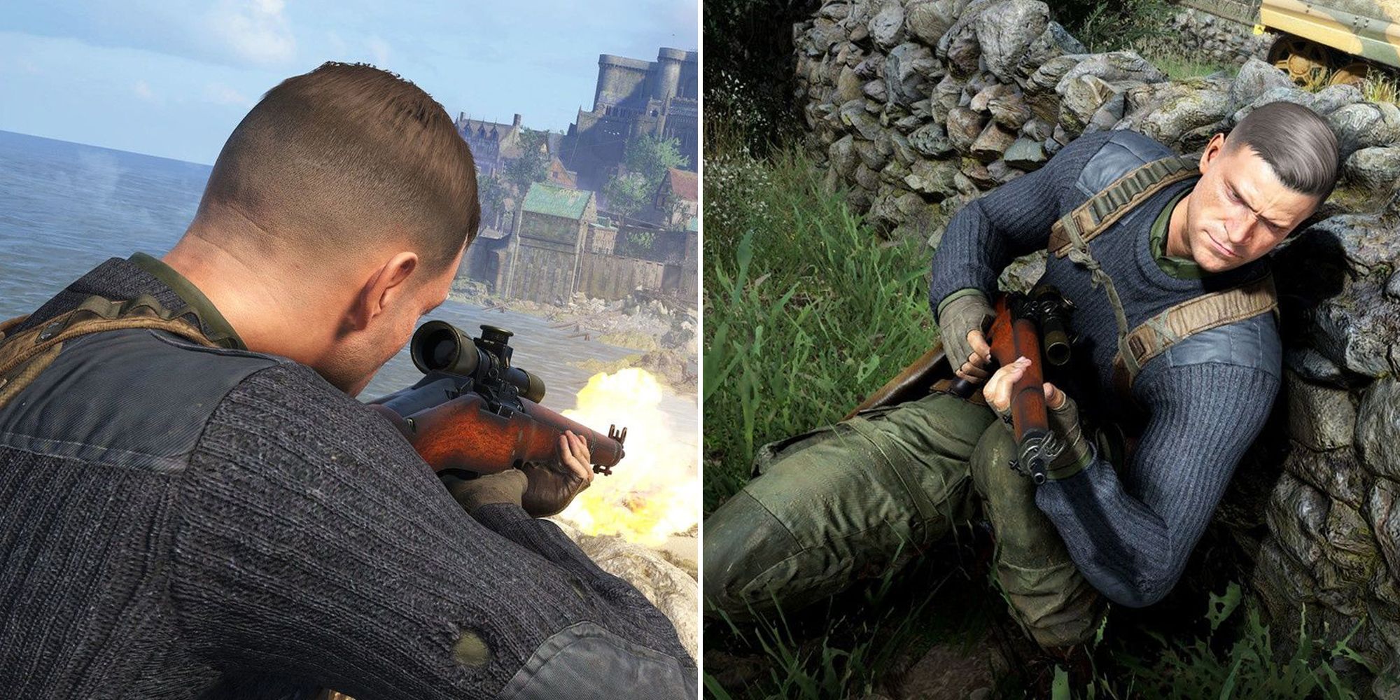 Sniper Elite 5 split image. Protagonist on both photos, aiming and hiding behind cover.