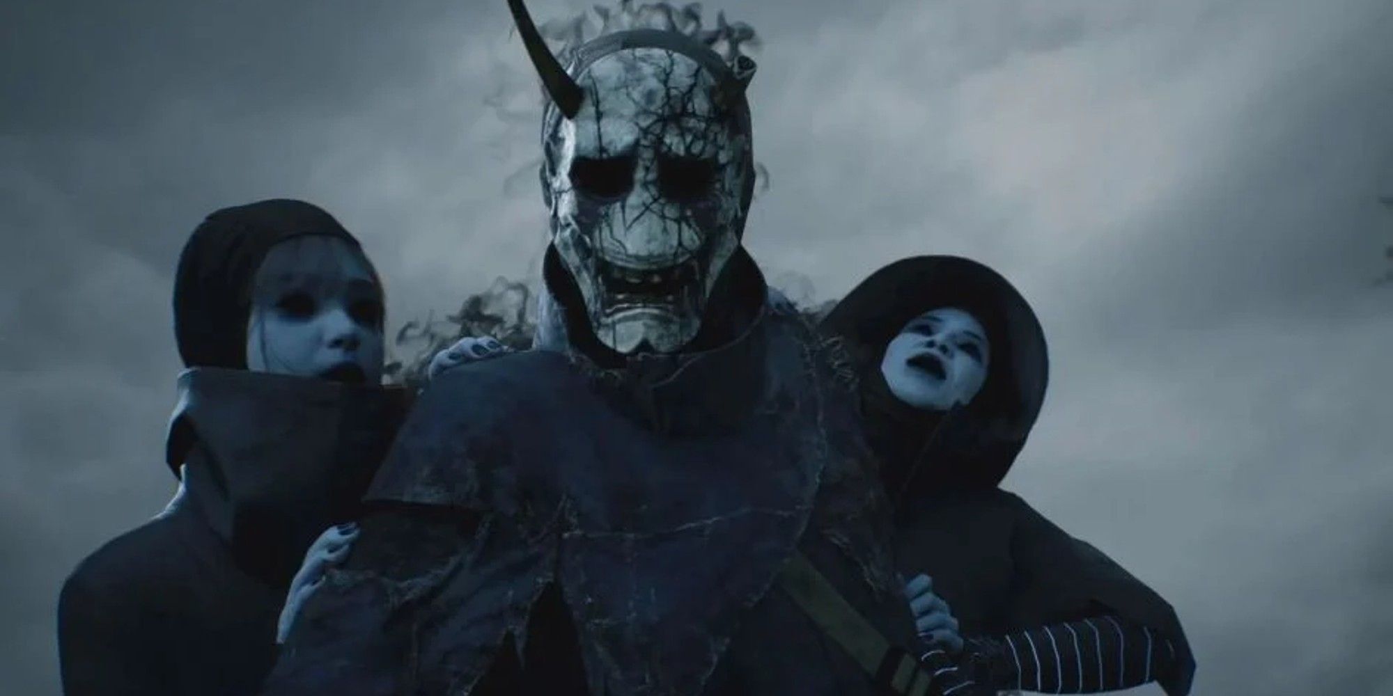Gray overcast of clouds hangs over Hannya and his dead family hanging onto his shoulders.