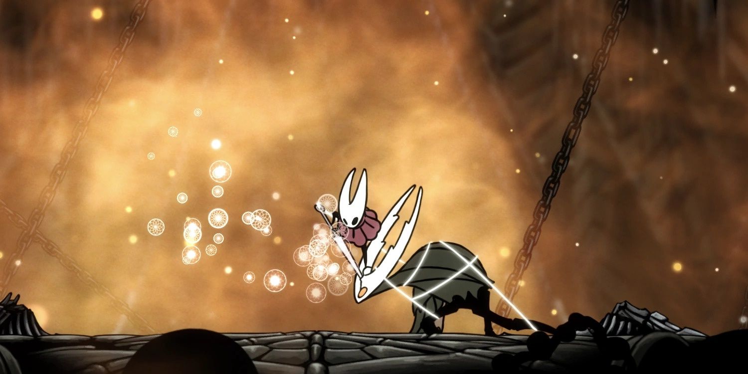 A screenshot of Hornet attacking the Hollow Knight.