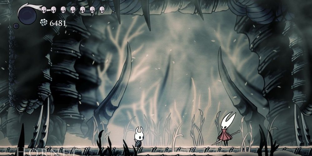 A screenshot of Hornet and the Knight before they fight.