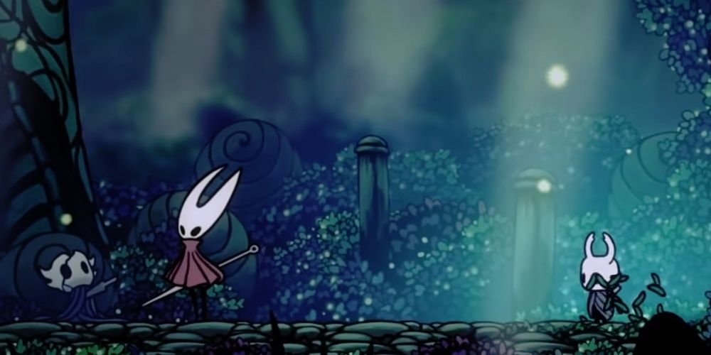 A screenshot of the Knight meeting Hornet in Greenpath.