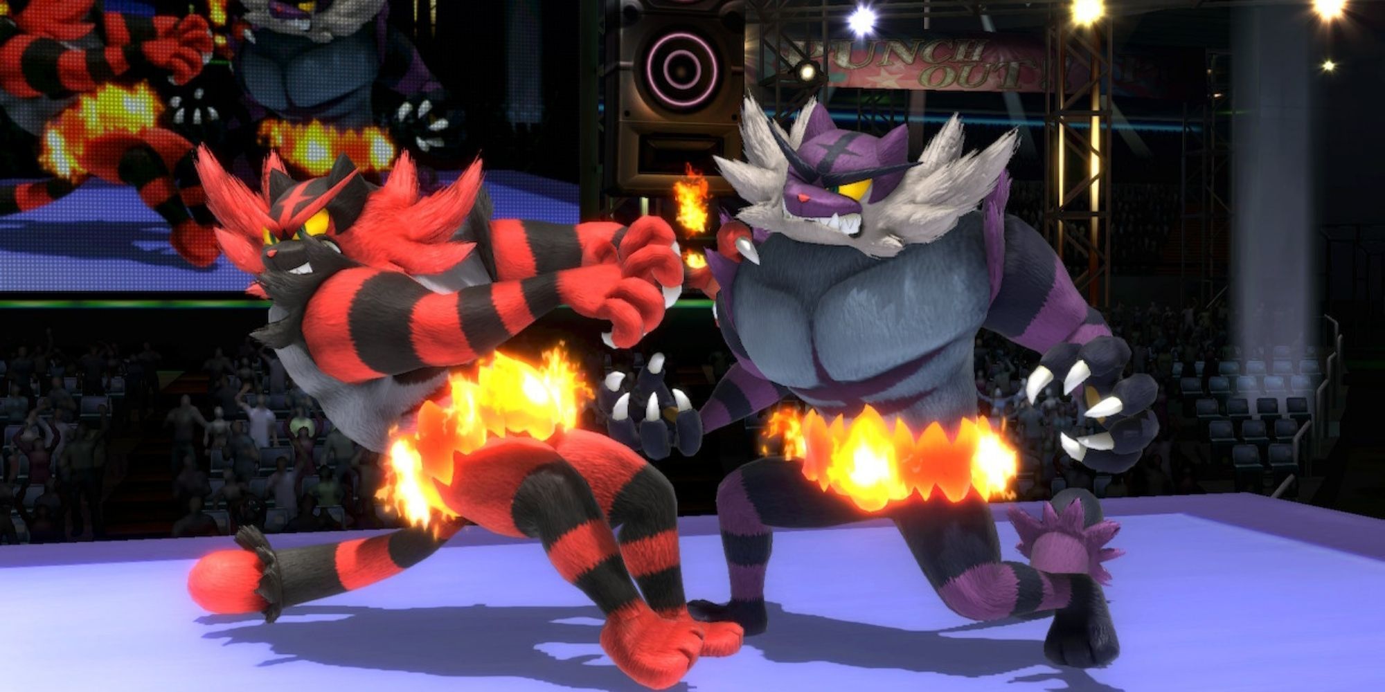 Incineroar prepares to throw another Incineroar on the Punch-Out! stage