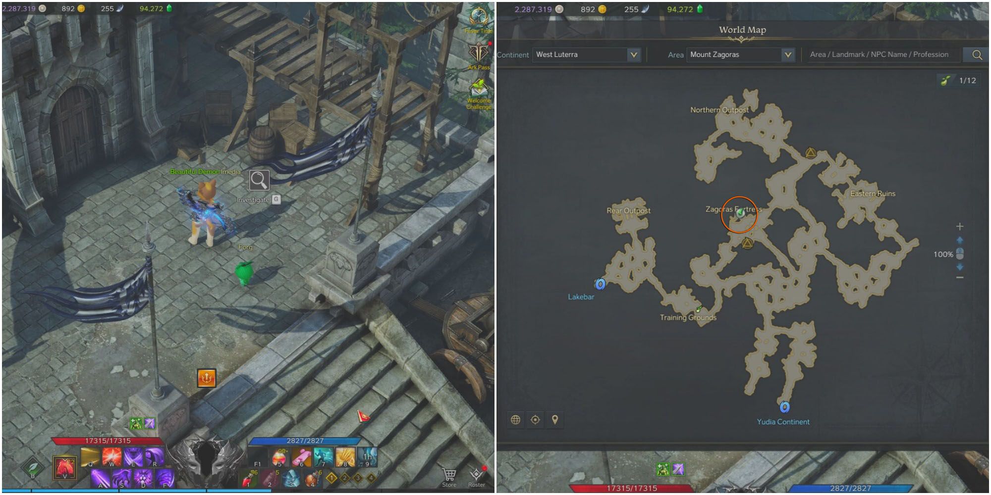 A player stands by scaffolding in Zargoros Fortress, a map of Mount Zargoros shows Knight's Oath location