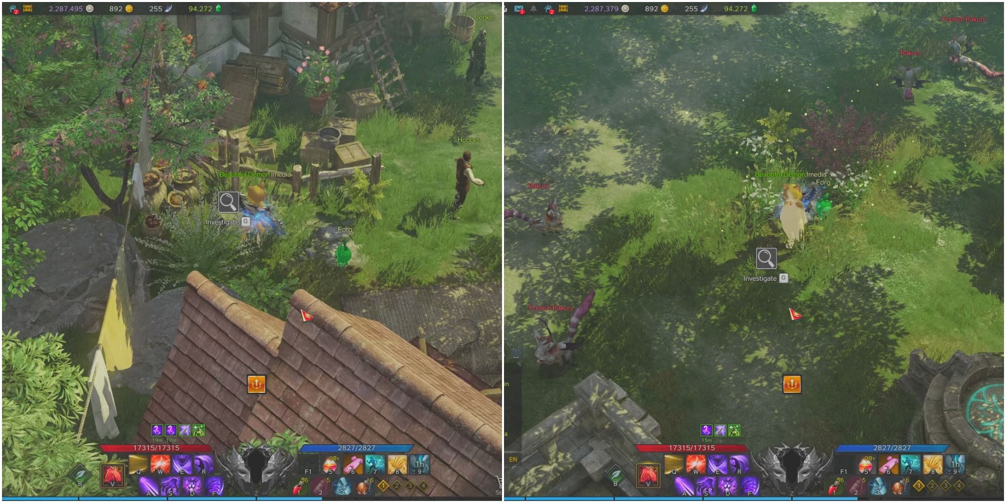 Split image of player in Bilbrin Forest village and player in field of Bilbrin Forest