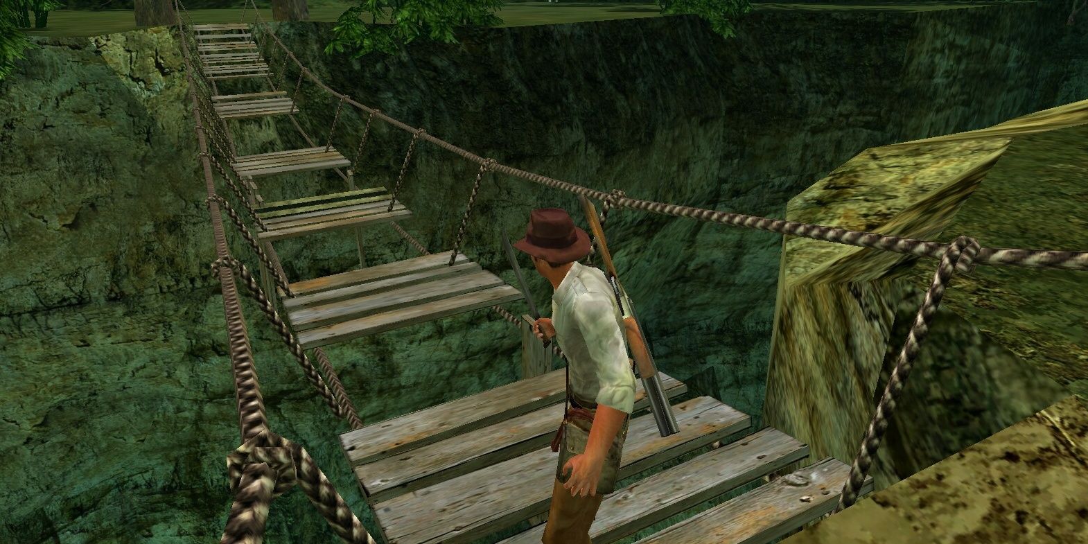 Indiana Jones crosses a bridge in this game