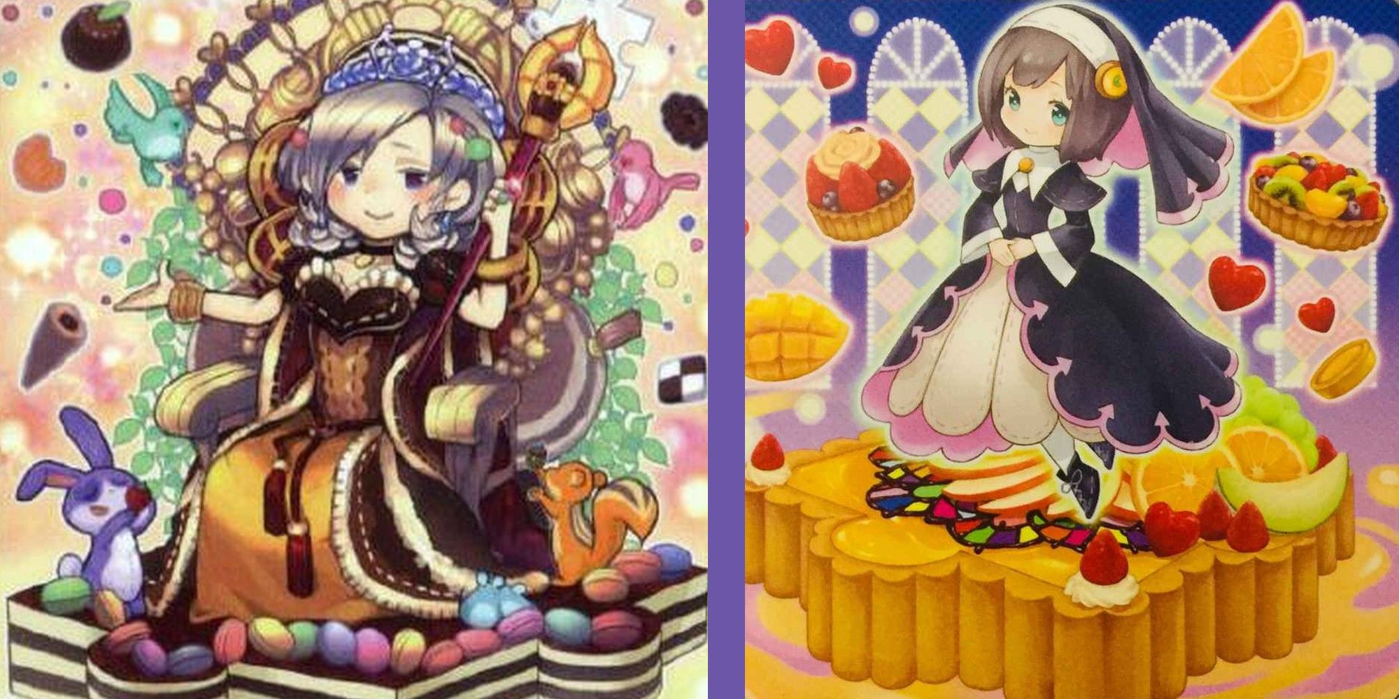 Yu-Gi-Oh! split image Madolche Queen Tiaramisu and Madolche Fresh Sistart official card art