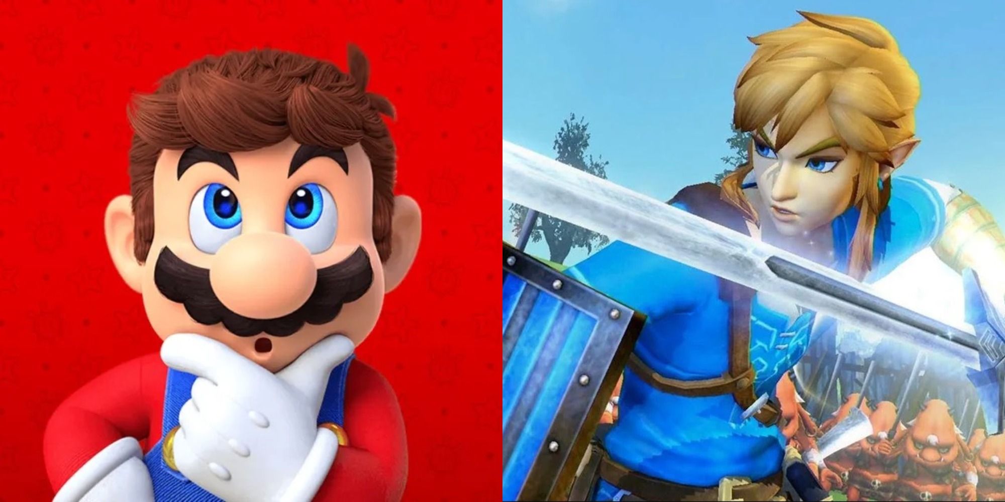 Mario Thinking Link with the Master Sword Hyrule Warriors