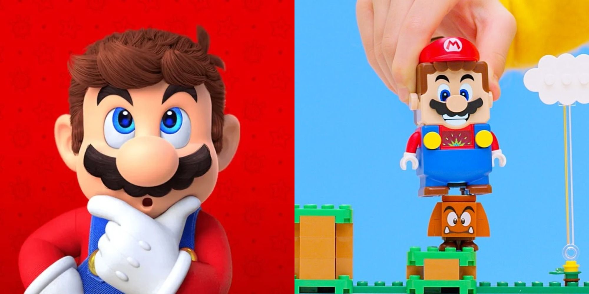 Mario thinking LEGO Mario jumping on a Goomba