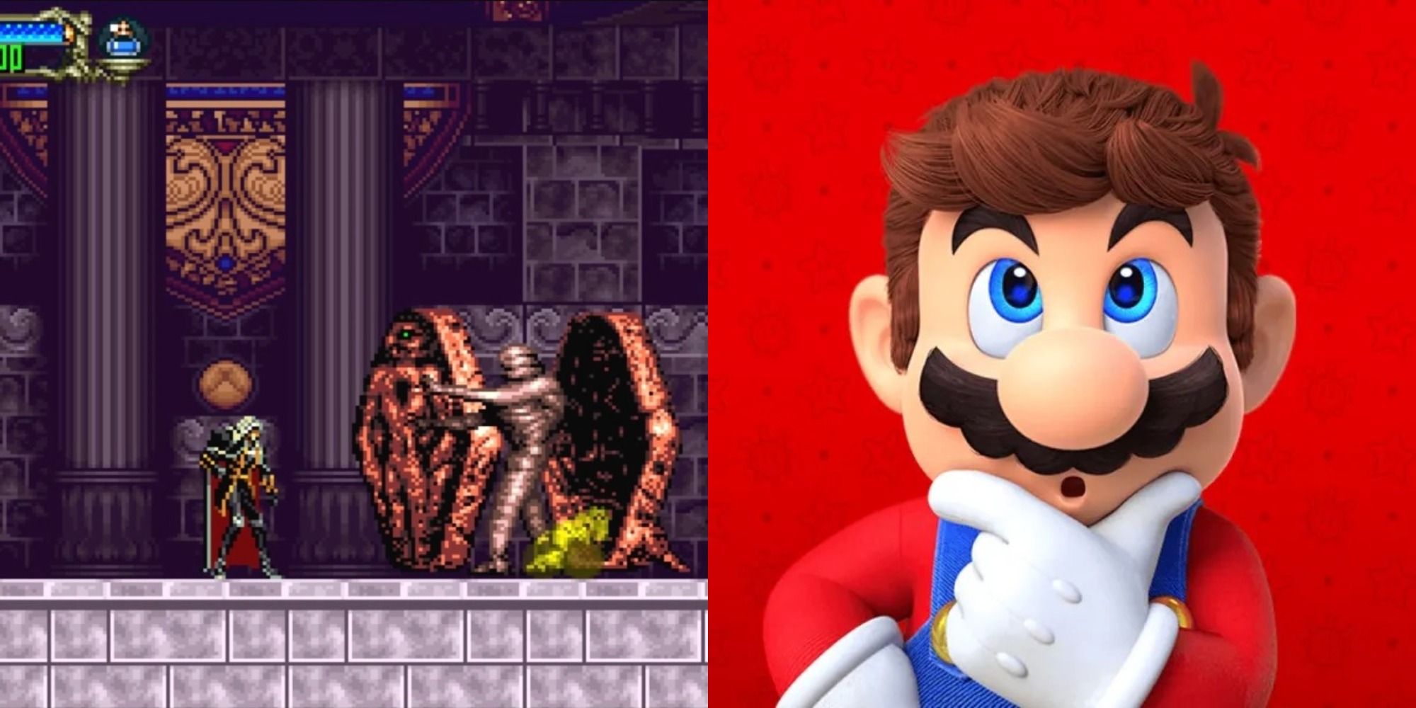 Castlevania Symphony of the Night Alucard fighting a money Mario thinking