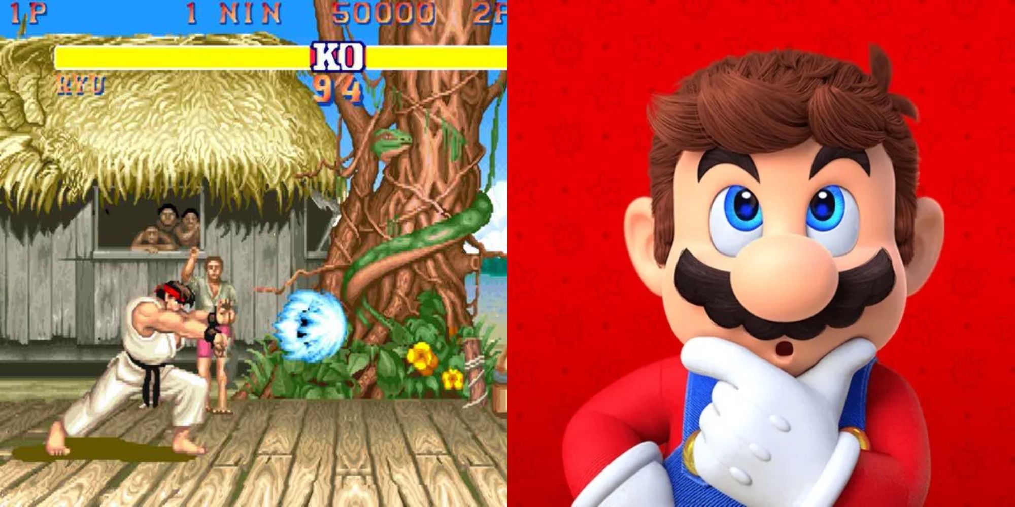 Street Fighter 2 Ryu Hadouken and Mario Thinking