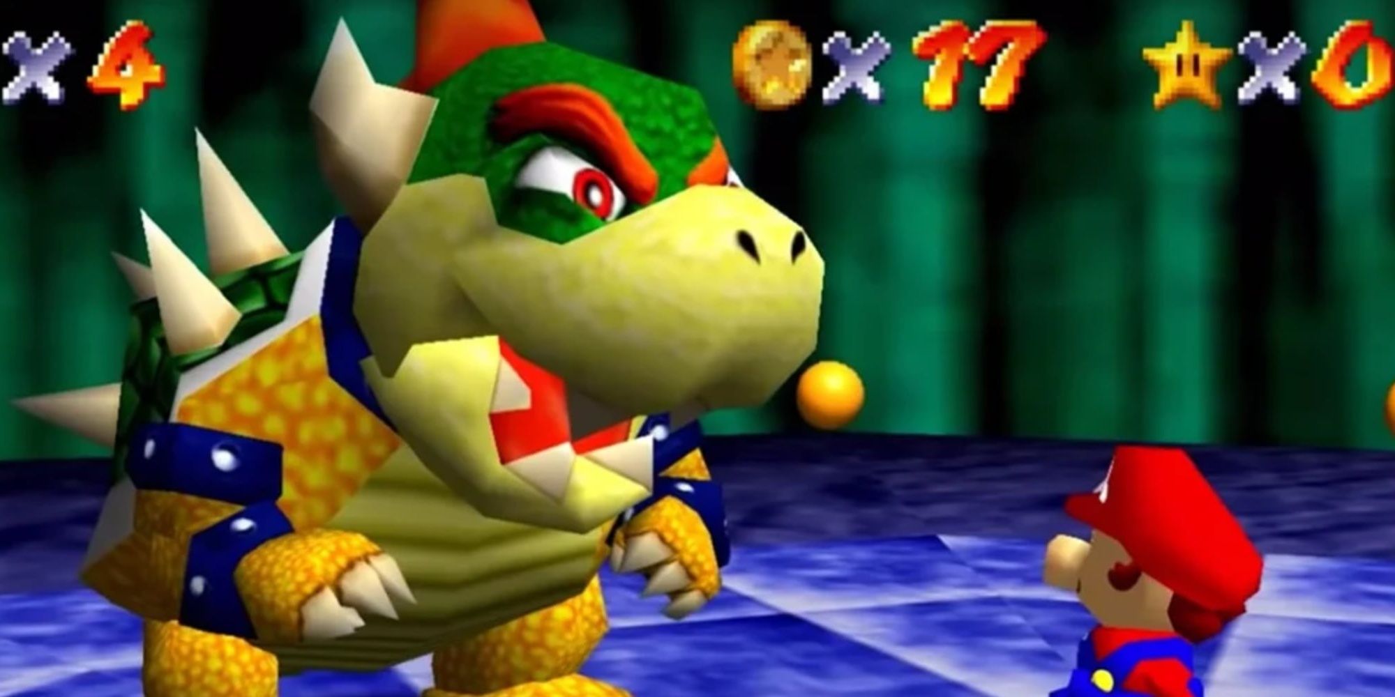 Mario standing before Bowser in Super Mario 64