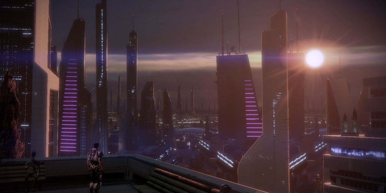 Mass Effect 2 Illium city views as the sun sets.
