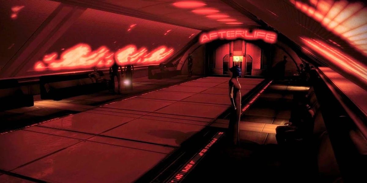 Mass Effect 2 An Asari stands outside the Omega nightclub entrance.