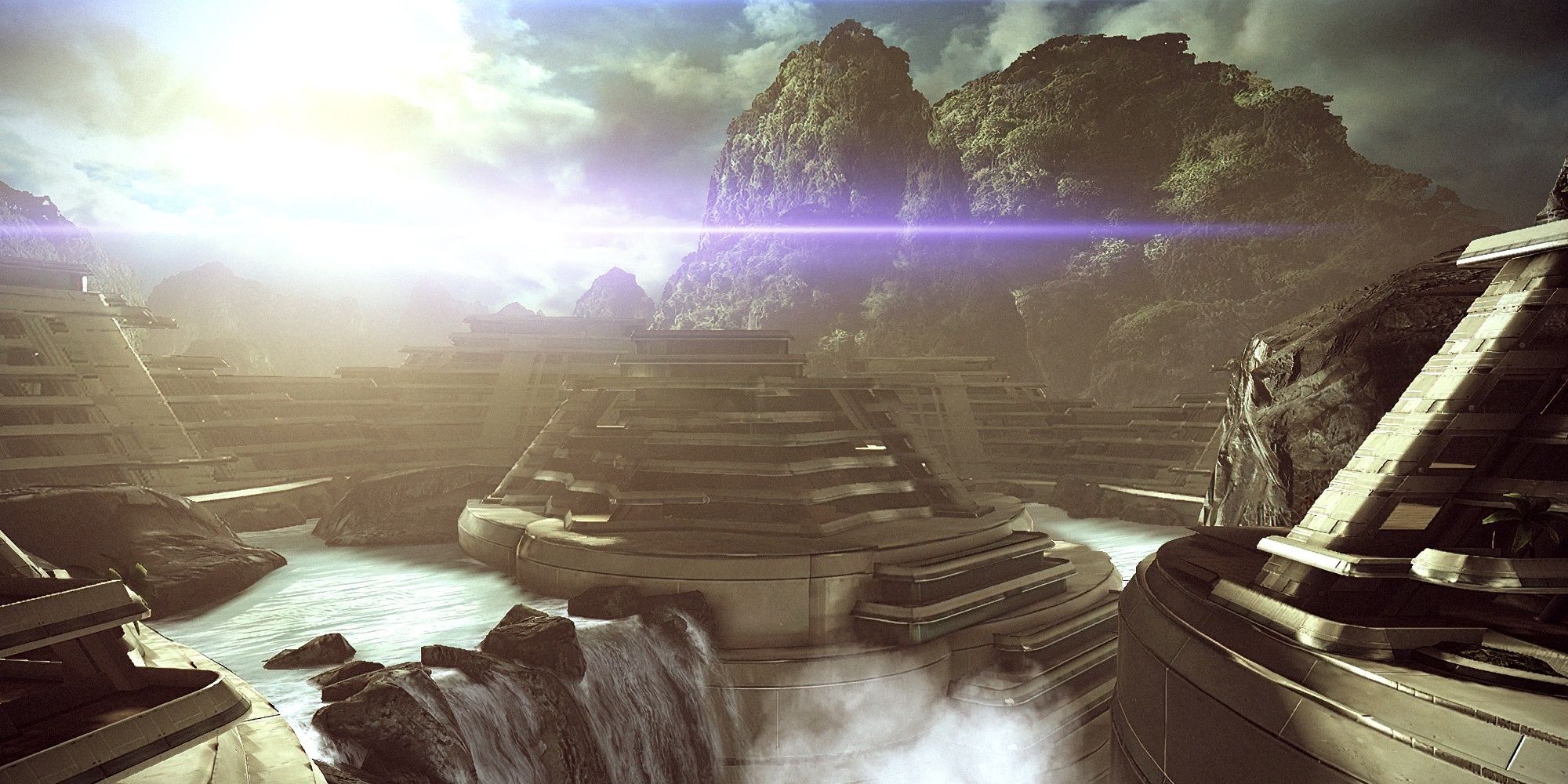 Mass Effect 3 Sur'Kesh waterfalls and mountains with a glittering sun in the background.