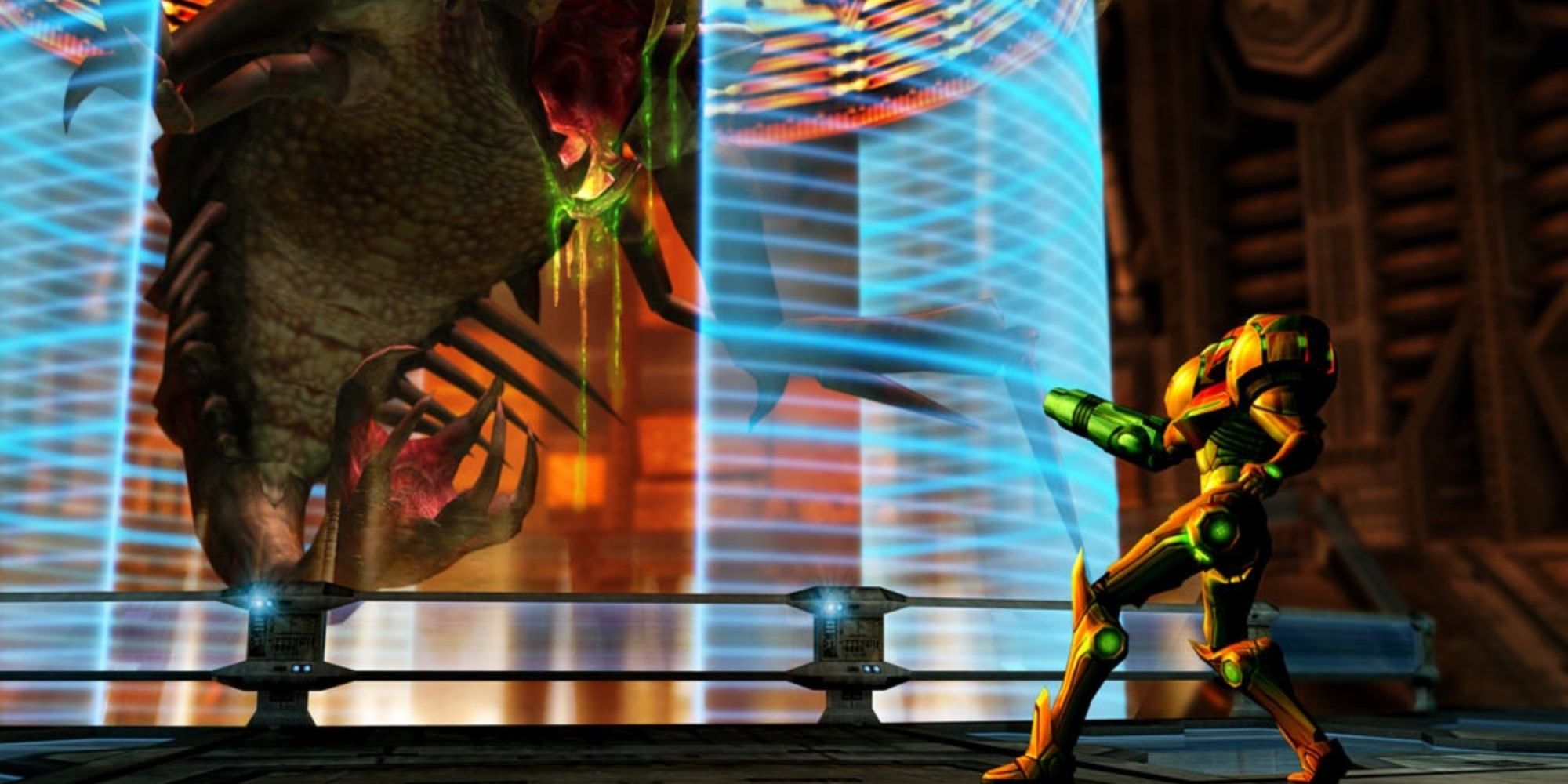 Samus fighting a large monster in Metroid Prime