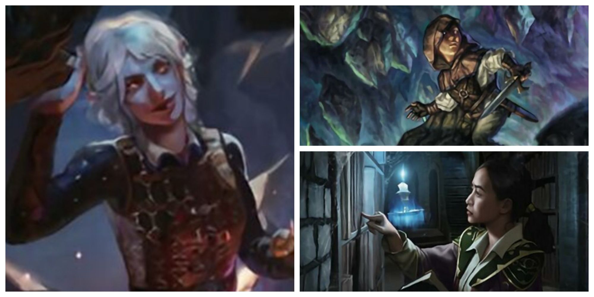 Minthara, Merciless Soul by Evyn Fong, Erinis, Gloom Stalker by Ioannis Fiore, and Vhal, Candlekeep Researcher by David Gaillet