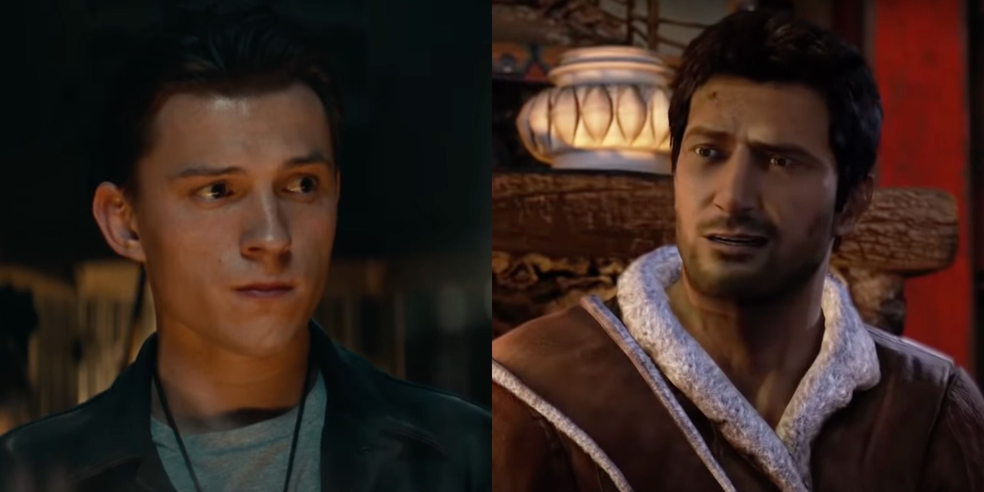 Tom Holland as Nathan Drake in Uncharted 2022 and Nathan Drake in Uncharted 2