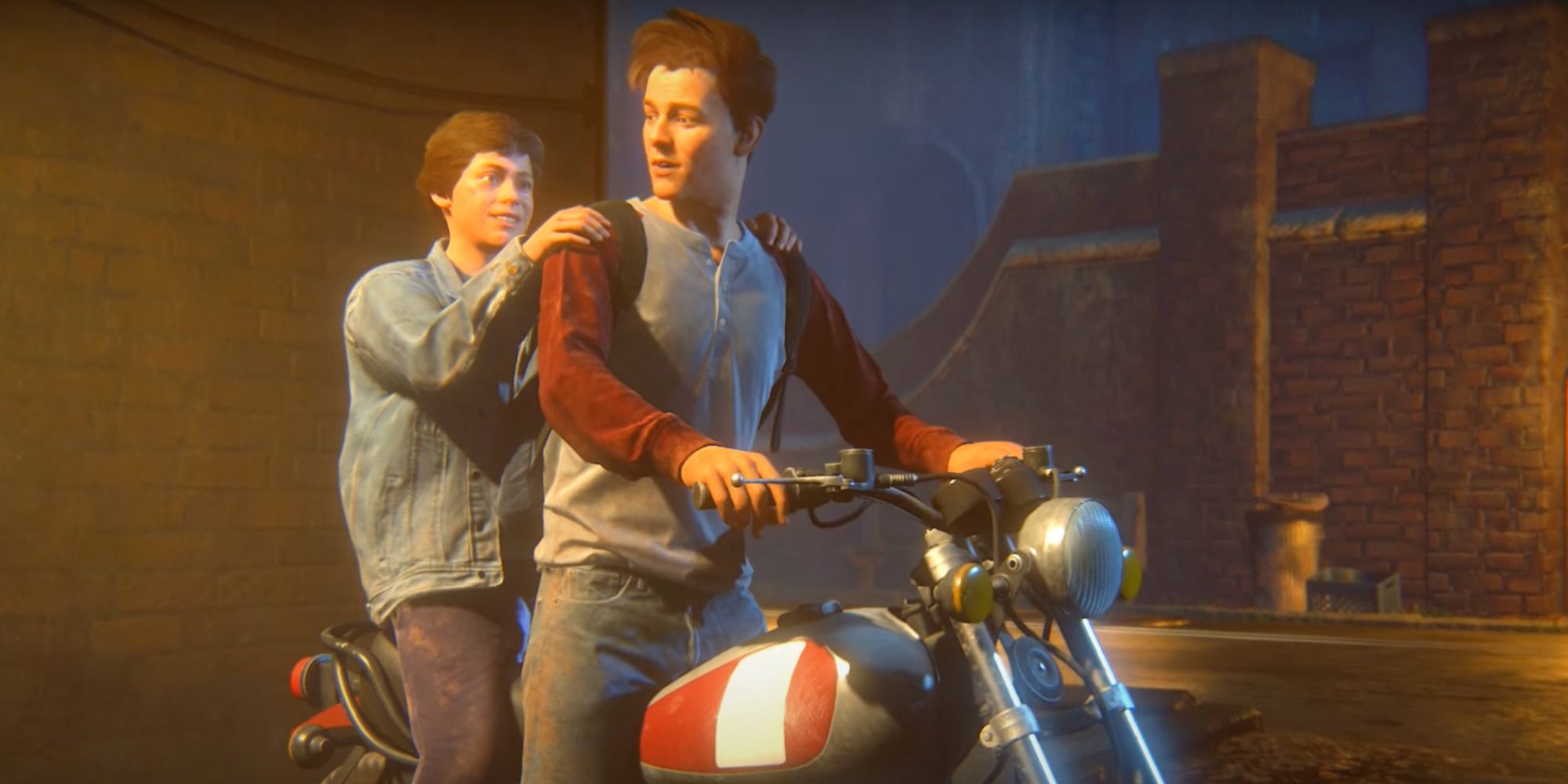 Sam and Nathan Drake on motorcycle in Uncharted 4