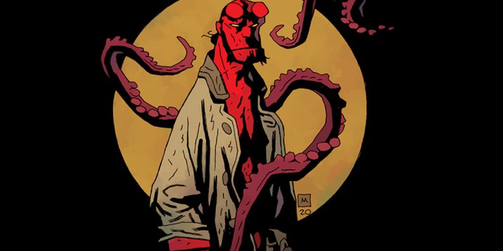 promotional art for the comic book Hellboy featuring the titular Hellboy in the centre of the image surrounded by tentacles