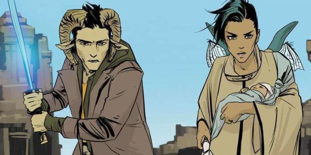 a frame from the Saga comic featuring its two protagonists, Alana and Marko, with Marko wielding a sword on the left and Alana carrying their Baby Hazel on the right